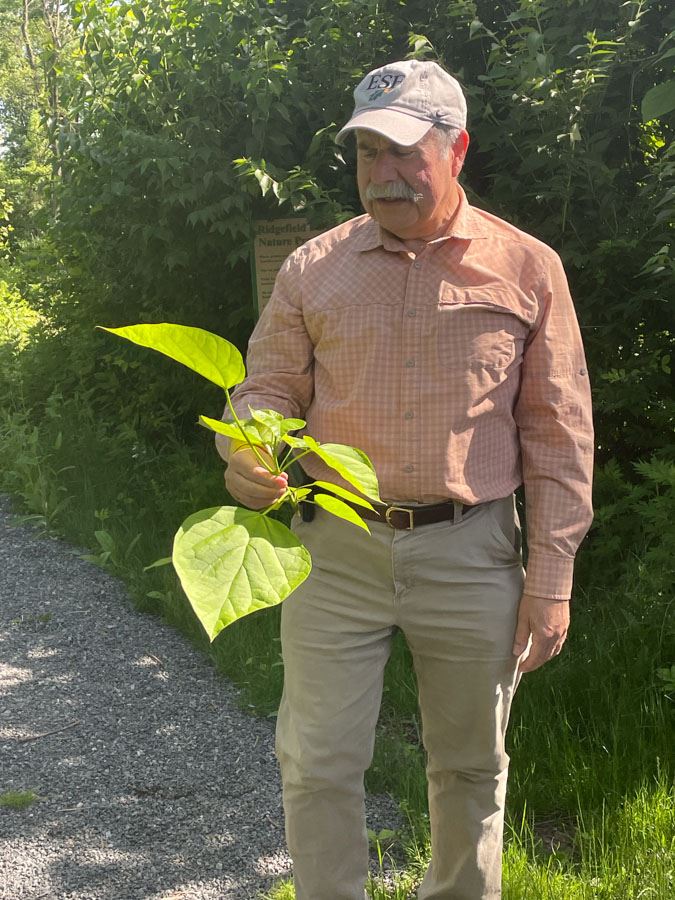 John Anlian at Tree Walk holding large leaf