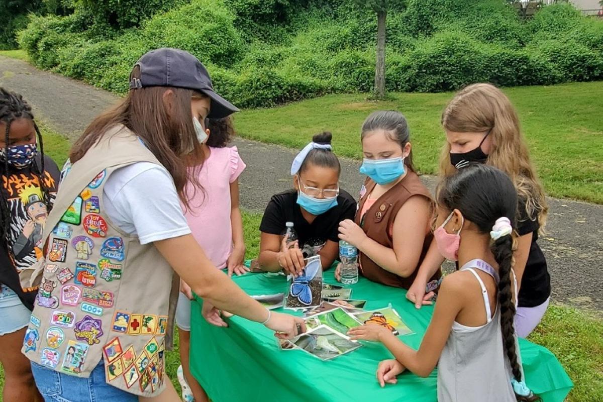 Gianna Terrarosa  shows fellow Girl Scouts the type of Species that will be attracted to the Pollinator Garden 
